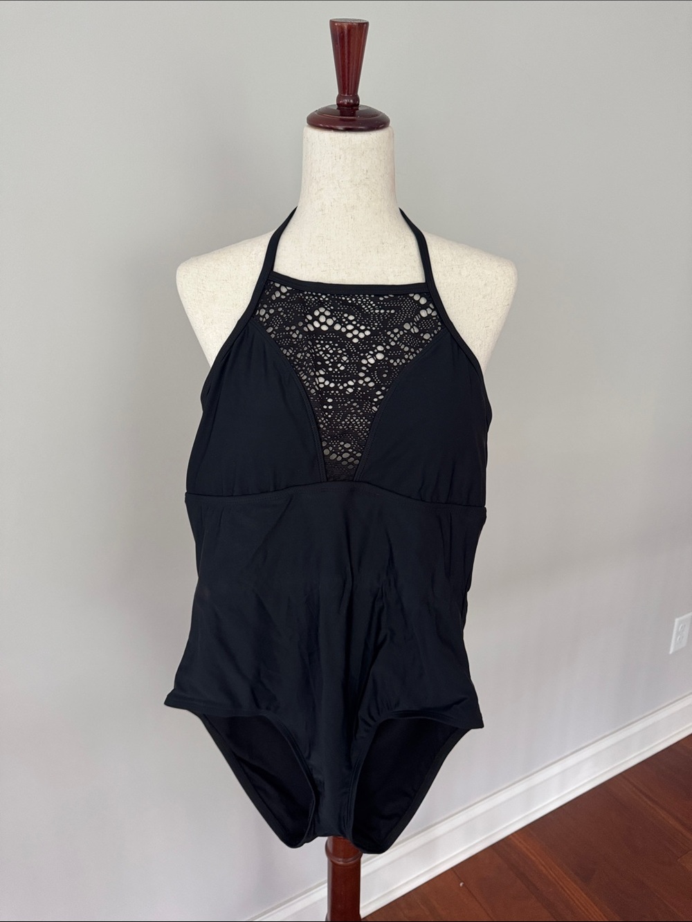 Black Lace-Panel Halter One-Piece Swimsuit - NWT